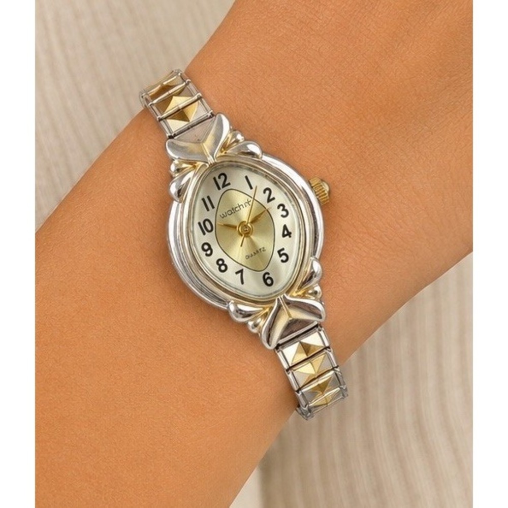 Watch It 90s Vintage Gold Silver 2 Tone Oval Quartz Stretch Band Bracelet Watch
